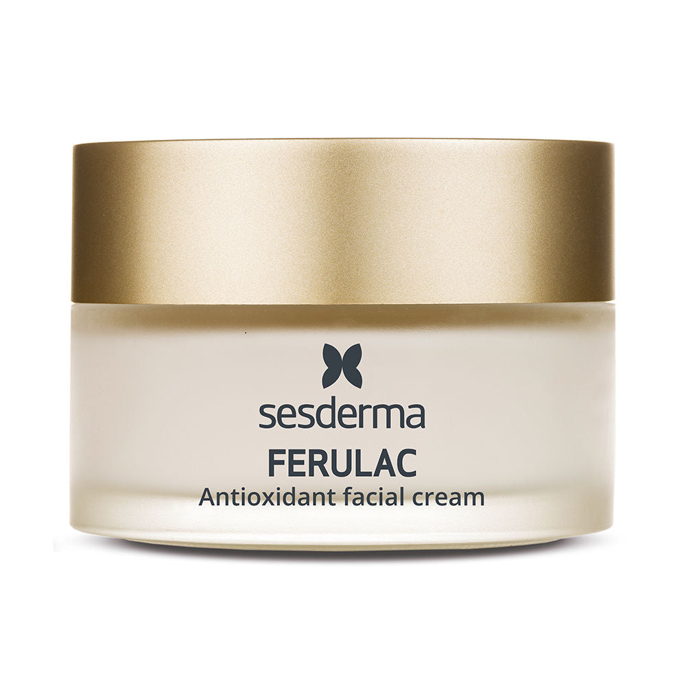 Sesderma Frosted glass cylindrical facial cream jar with metallic gold screw-on lid, printed logo and text