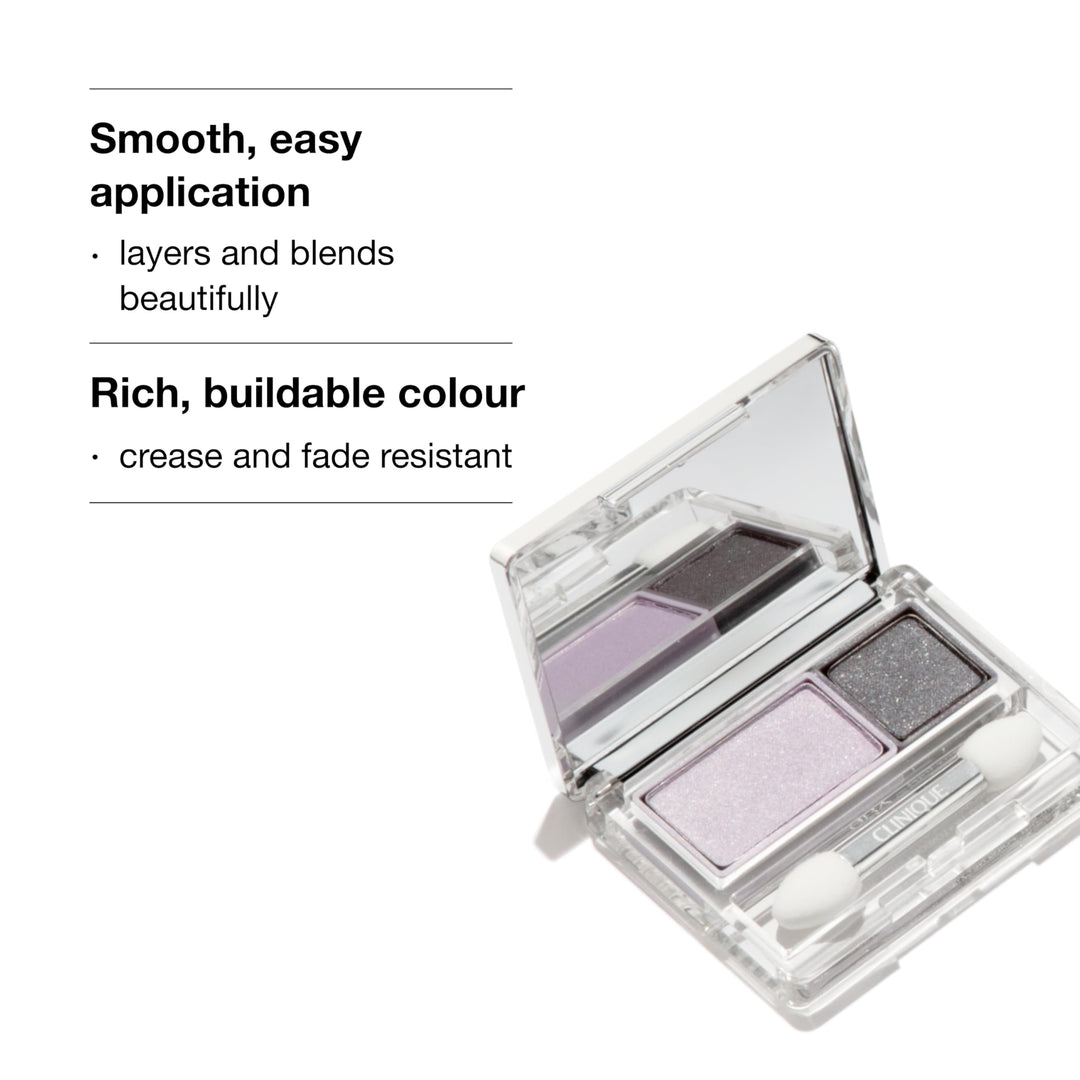 Clinique Compact eyeshadow duo with two neutral matte and shimmer pans, included brush and sponge
