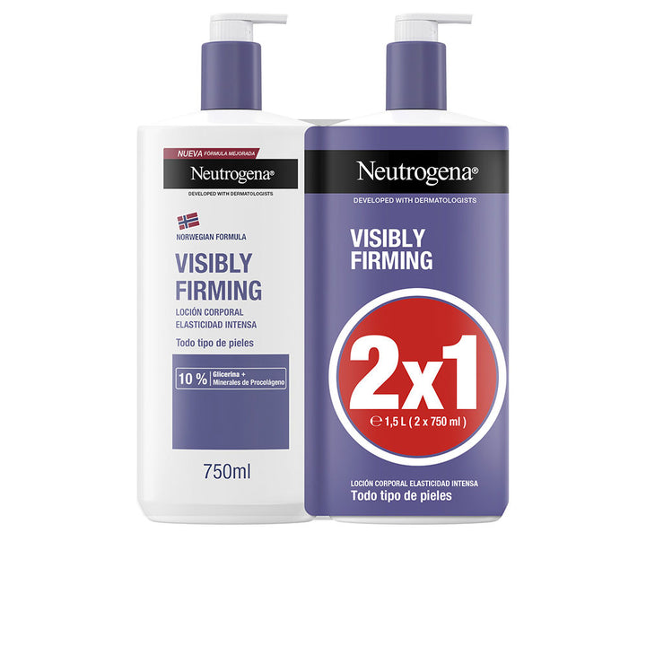 Tall recyclable bottle of Neutrogena Visibly Firming Body Lotion with pump dispenser