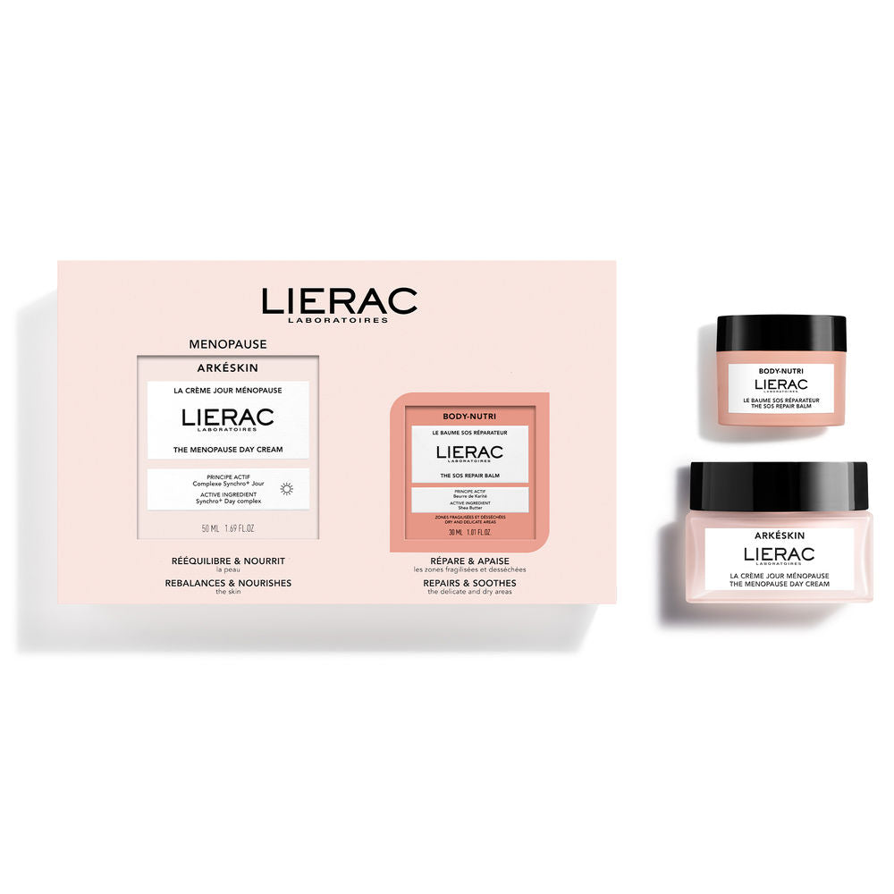 Lierac Two plastic face cream jars and rectangular box with black lids, pink and white minimalist labels