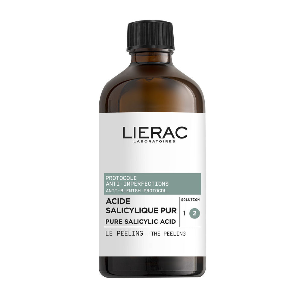 Lierac anti-imperfections peeling treatment bottle on neutral background