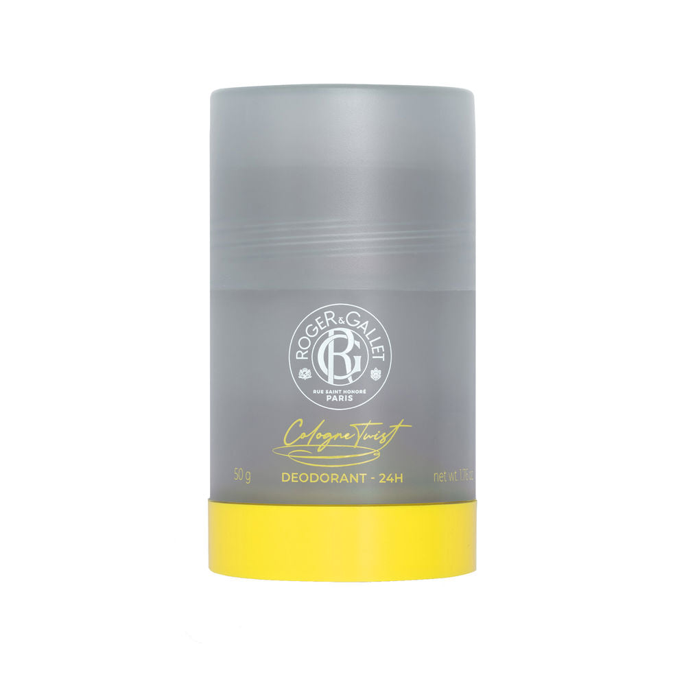 Yellow Roger &amp; Gallet deodorant stick with citrus and wood fragrance, vegan formula