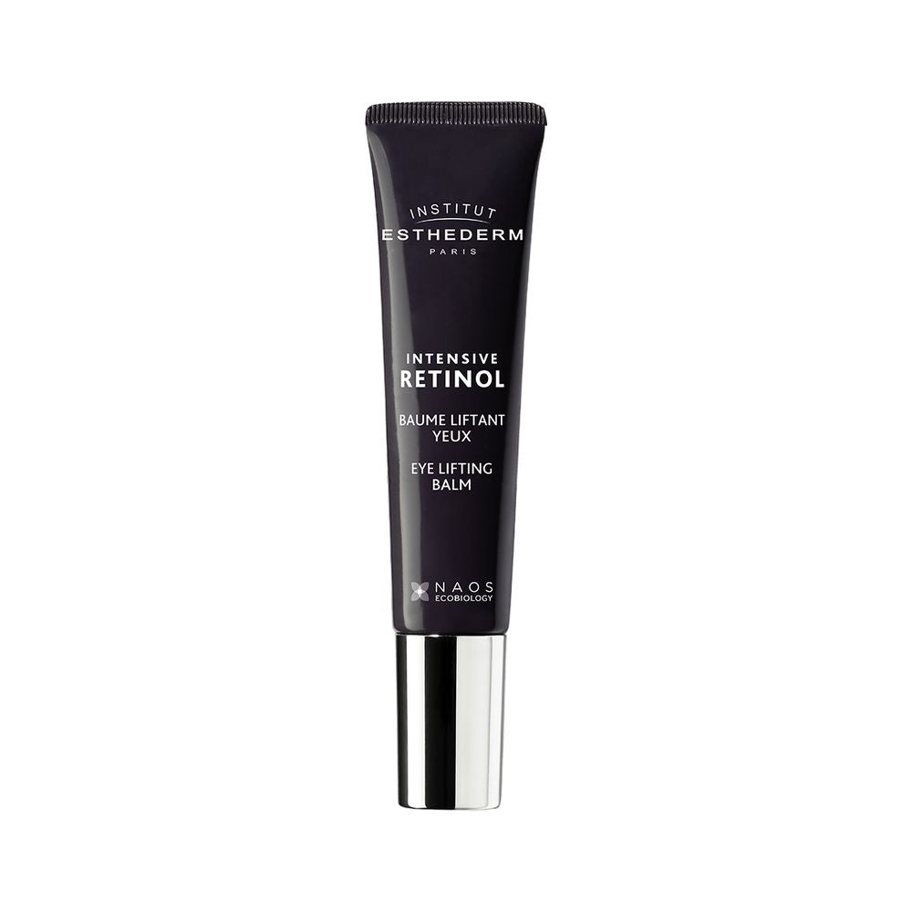 Institut Esthederm Black and silver minimalist plastic tube eye lifting balm with screw cap, photographed on neutral backdrop