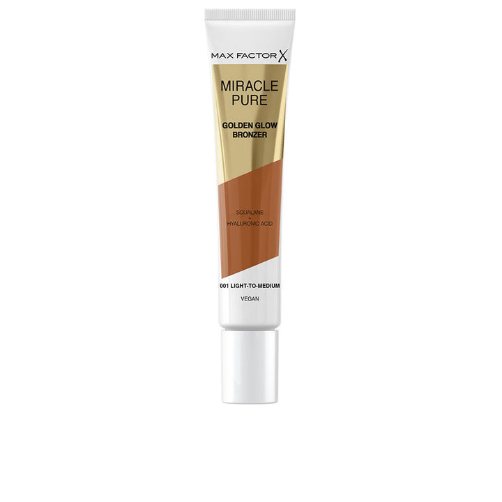 Max Factor bronzer in white, gold and brown plastic tube with screw cap, modern minimalistic design.