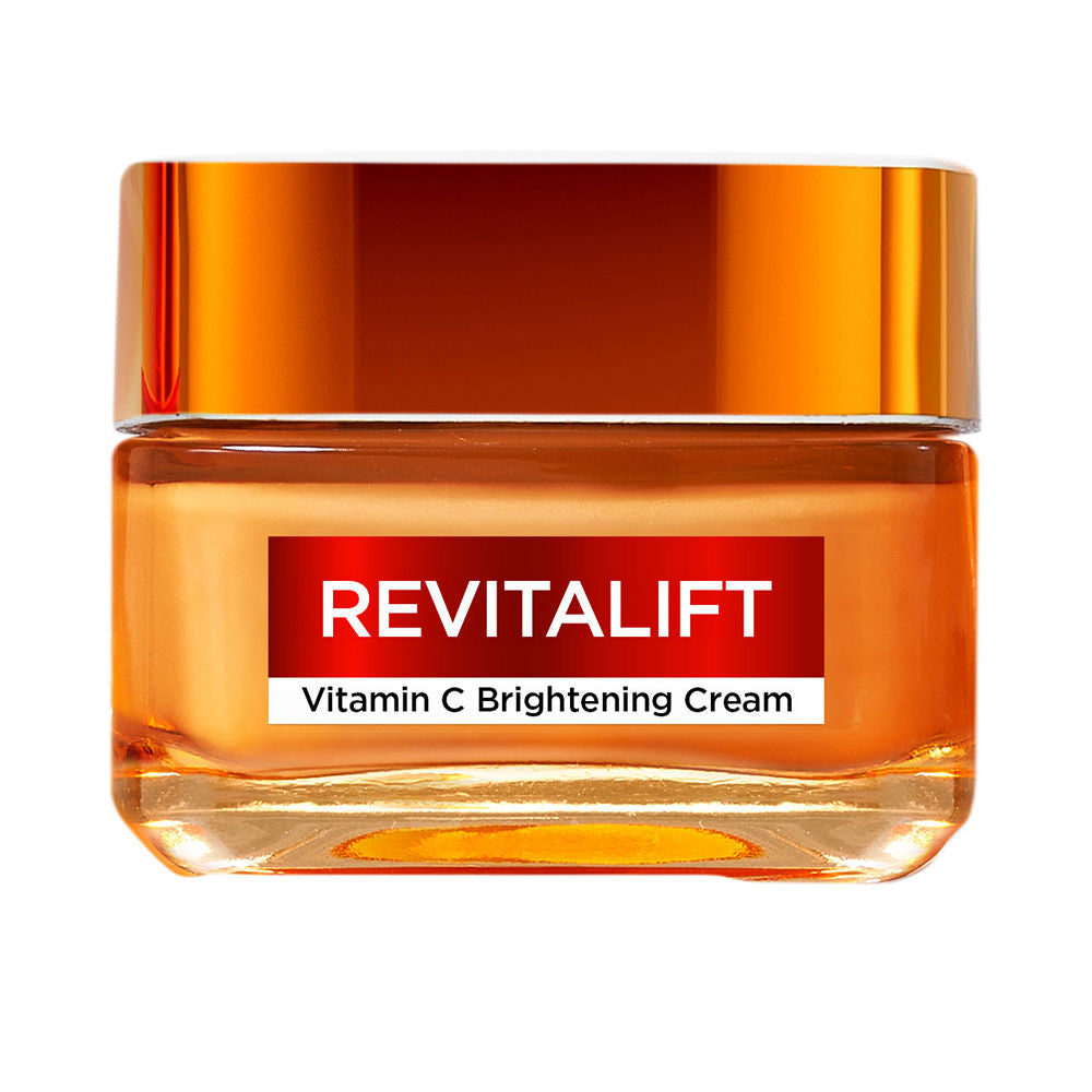 Orange glass square cream jar with screw-on lid, modern design showcasing luminous gel inside, L'Oréal Paris