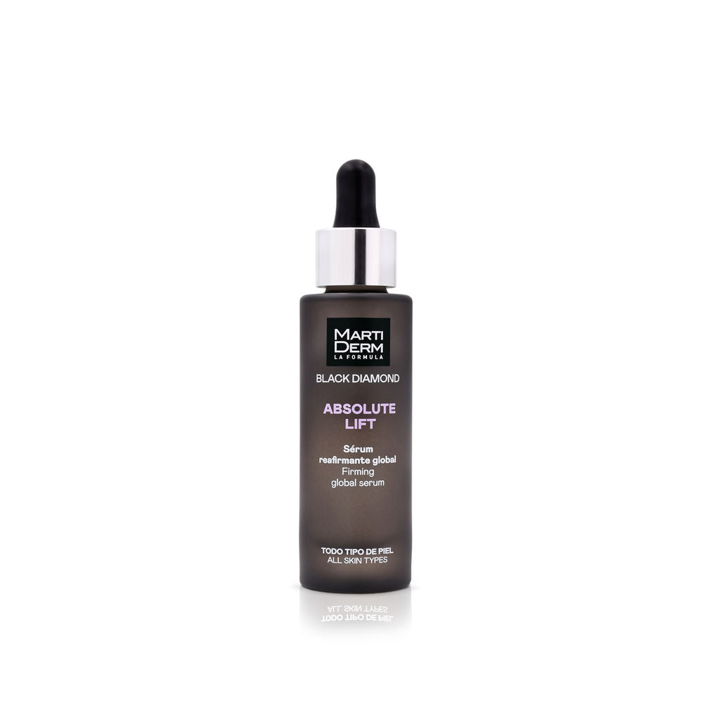 Martiderm Glass black serum bottle with matte finish, silver collar and dropper cap, printed label