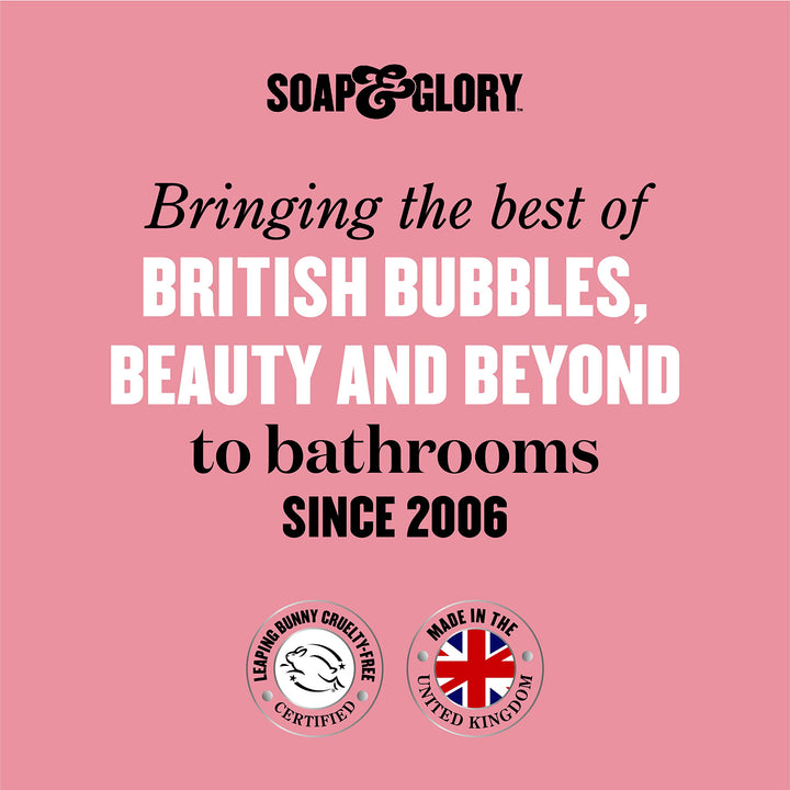 Soap &amp; Glory Plastic cylindrical body wash bottle in pink, orange and beige with flip-top cap, fruit and floral graphics, bold text branding, measurement markings — .