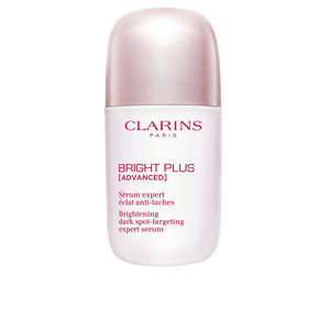 Clarins brightening serum glass bottle with dropper, clear liquid visible on neutral background