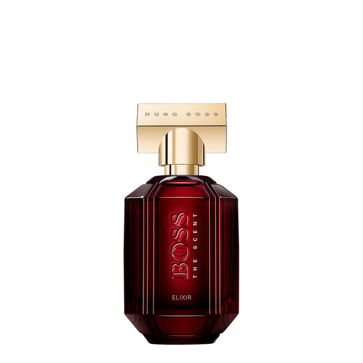 Deep red glass perfume bottle with gold-finish cap, 50 ml, woody-amber fragrance