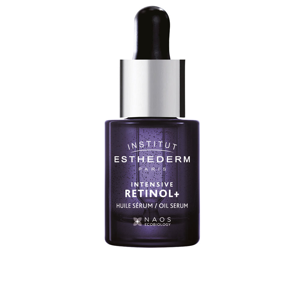 Institut Esthederm Dark purple glass serum bottle with silver dropper cap, transparent liquid visible, modern minimalistic design
