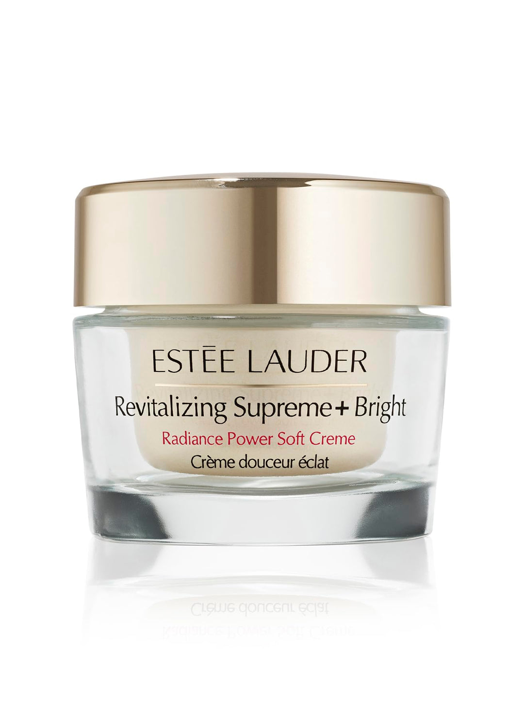 Glass jar of light cream moisturizer labeled Estée Lauder, warm ivory texture, minimal gold lid