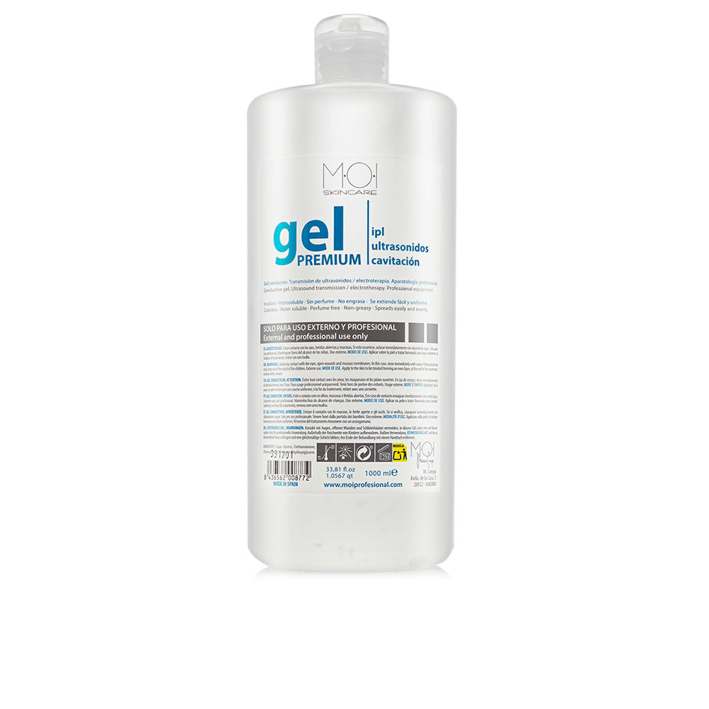 Moi Clear conductive gel in transparent plastic dispenser with flip-top cap, printed label and measurement markings