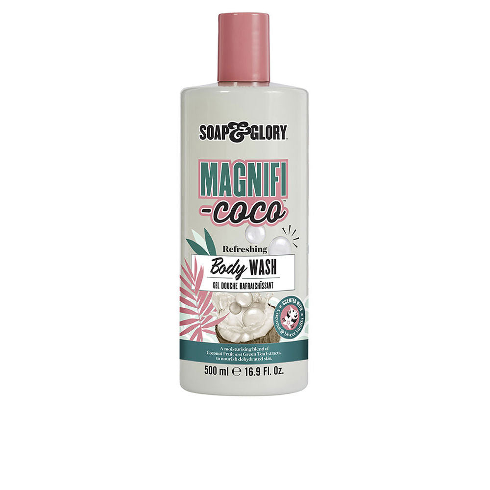 Off-white plastic 500ml body wash bottle with pink flip-top cap, botanical coconut and leaf illustrations, text label, Soap & Glory
