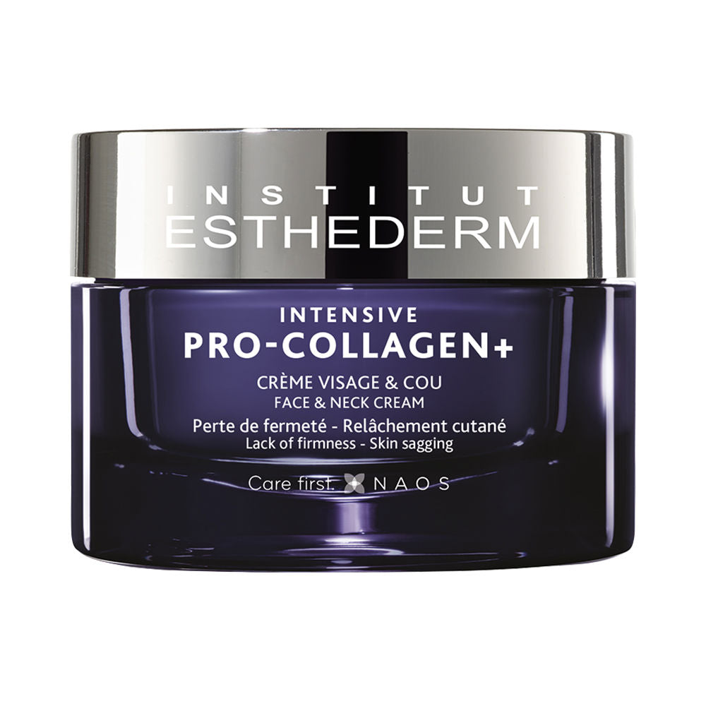 Institut Esthederm Dark purple round jar with metallic silver lid, transparent base showing cream, modern sleek design
