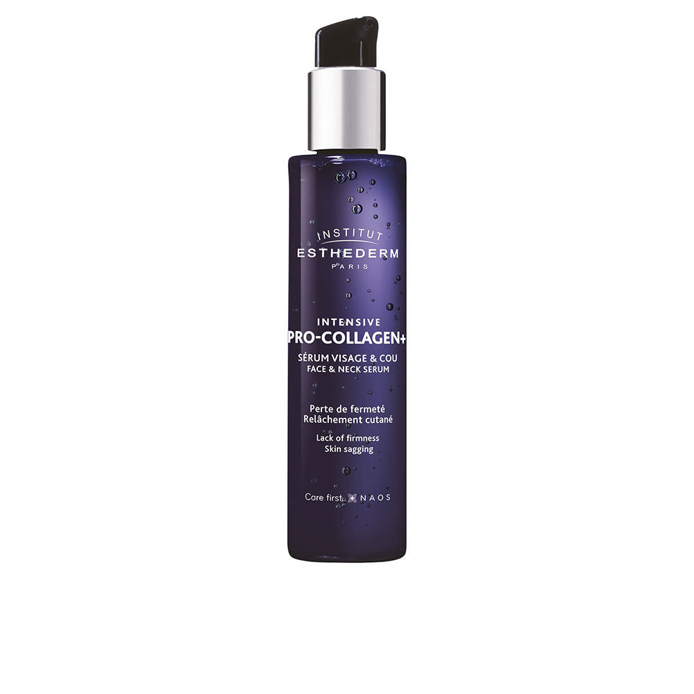 Institut Esthederm Dark purple plastic serum bottle with pump, water-droplet motif, modern sleek design