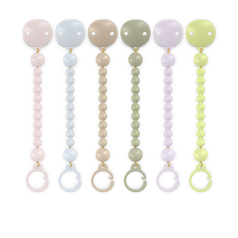 Suavinex minimalist beaded clip chain in pink, light blue, beige, olive, lavender, light yellow plastic
