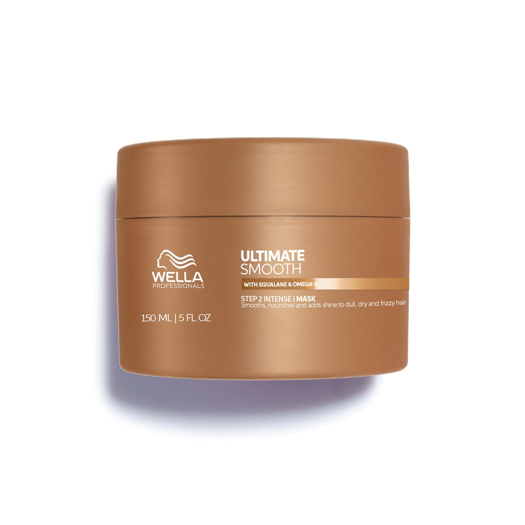 Jar of rich cream hair mask labelled Ultimate Smooth, 150 ml, for dry frizzy hair