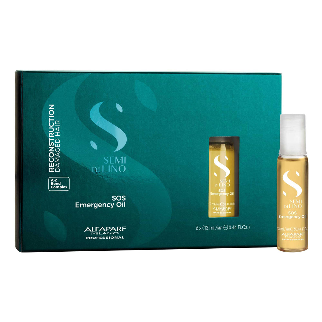 Small 13 ml ampoule of linseed reconstructive hair oil, glass vial with golden oil