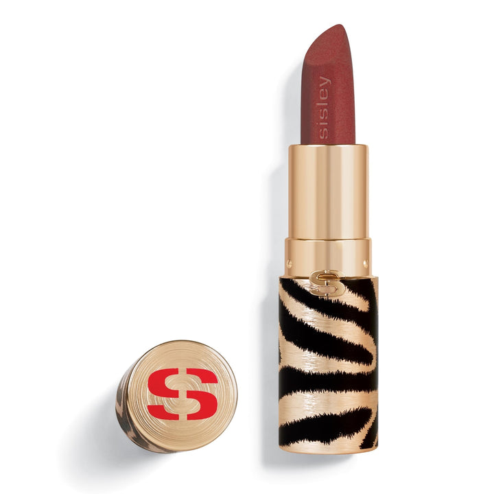 Matte velvet refillable lipstick in beige shade, gold zebra case, 3.4 g, Unisex