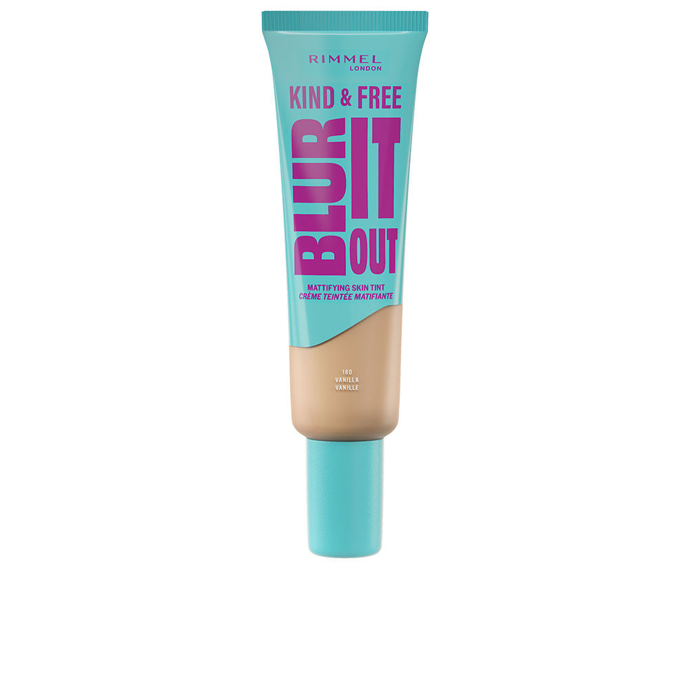 Turquoise, beige and purple plastic tube with screw cap, bold typography and two-tone design, Rimmel
