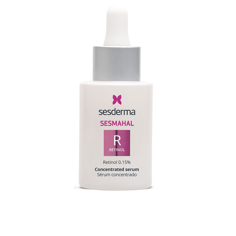 Sesderma White, silver, and purple serum bottle with dropper cap; sleek cylindrical design, labeled.