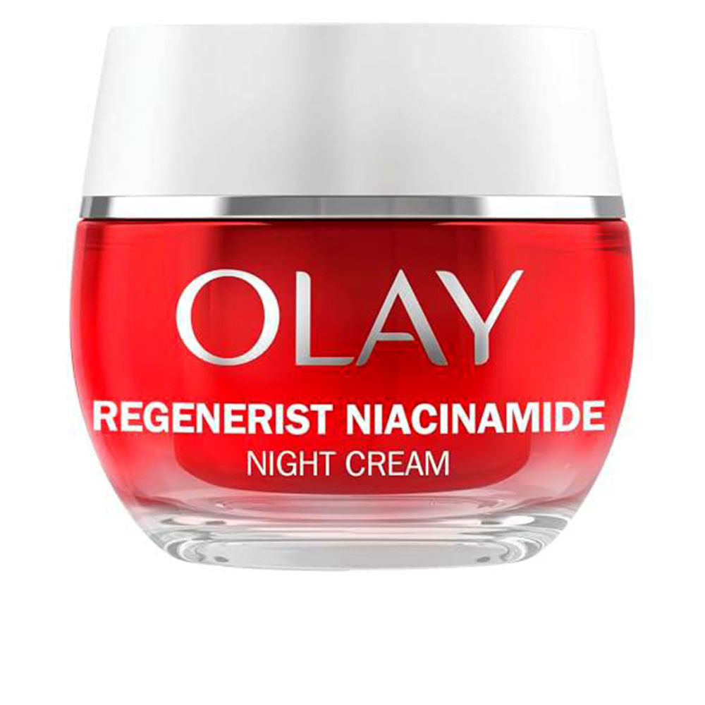 Olay red and white round plastic night cream jar with white lid, silver band, bold white and silver text