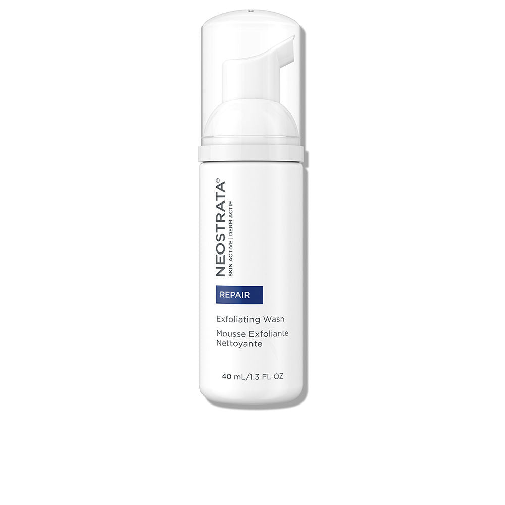 Neostrata White plastic pump bottle with clear cap, blue label, vertical text layout — minimalist exfoliating wash