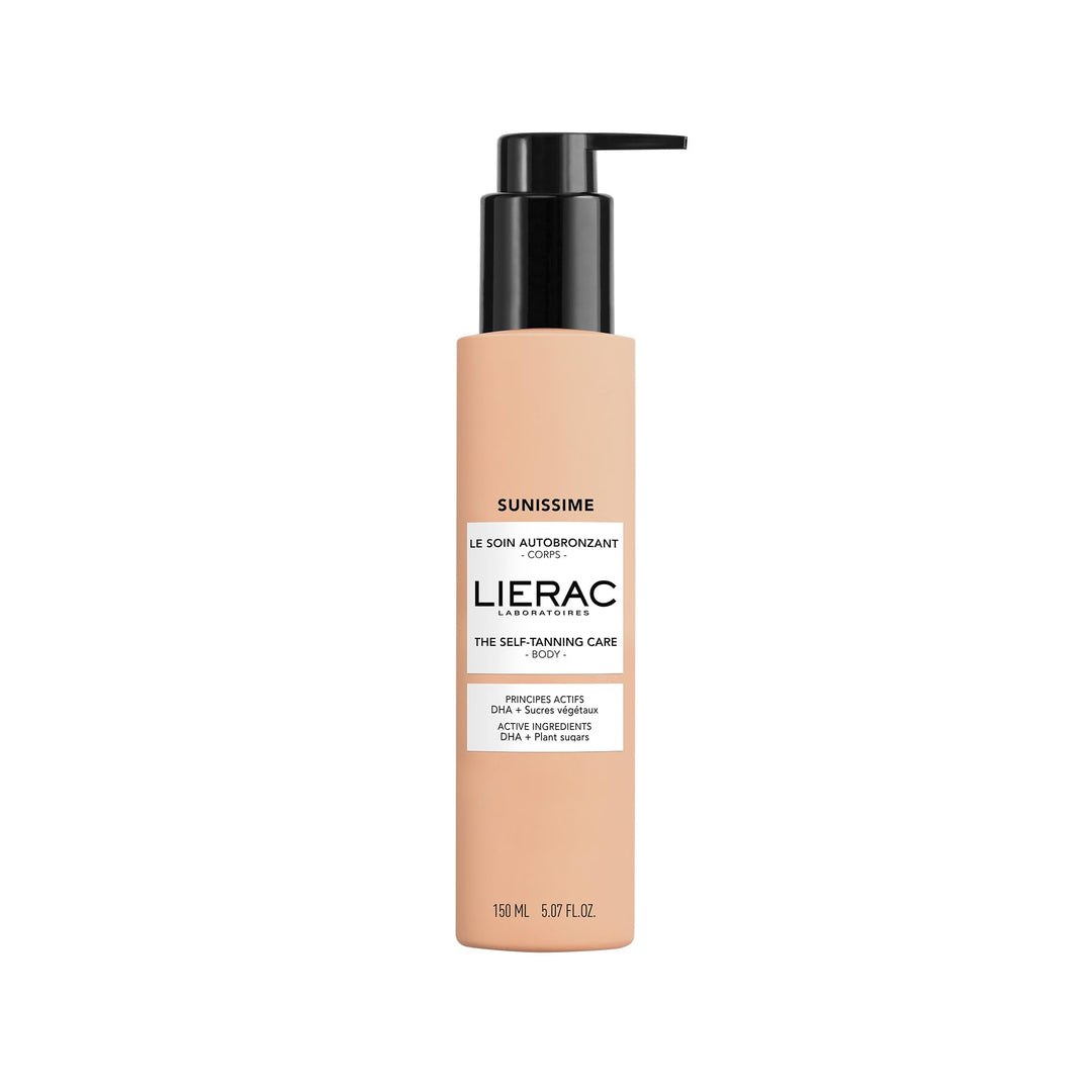 Tube of Lierac self-tanning body cream on neutral background, satin finish