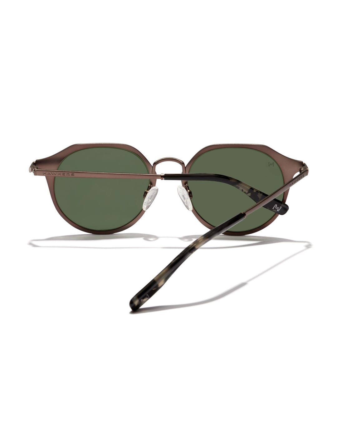 Matte brown metal round sunglasses with dark green lenses, thin frame, keyhole bridge — Hawkers