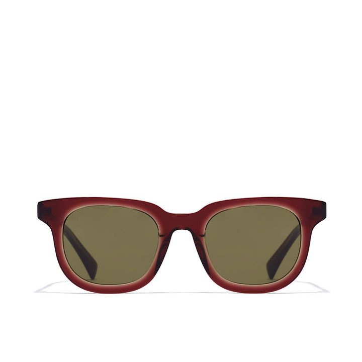 Dark red plastic square sunglasses with rectangular green lenses and full-rim frame, Hawkers