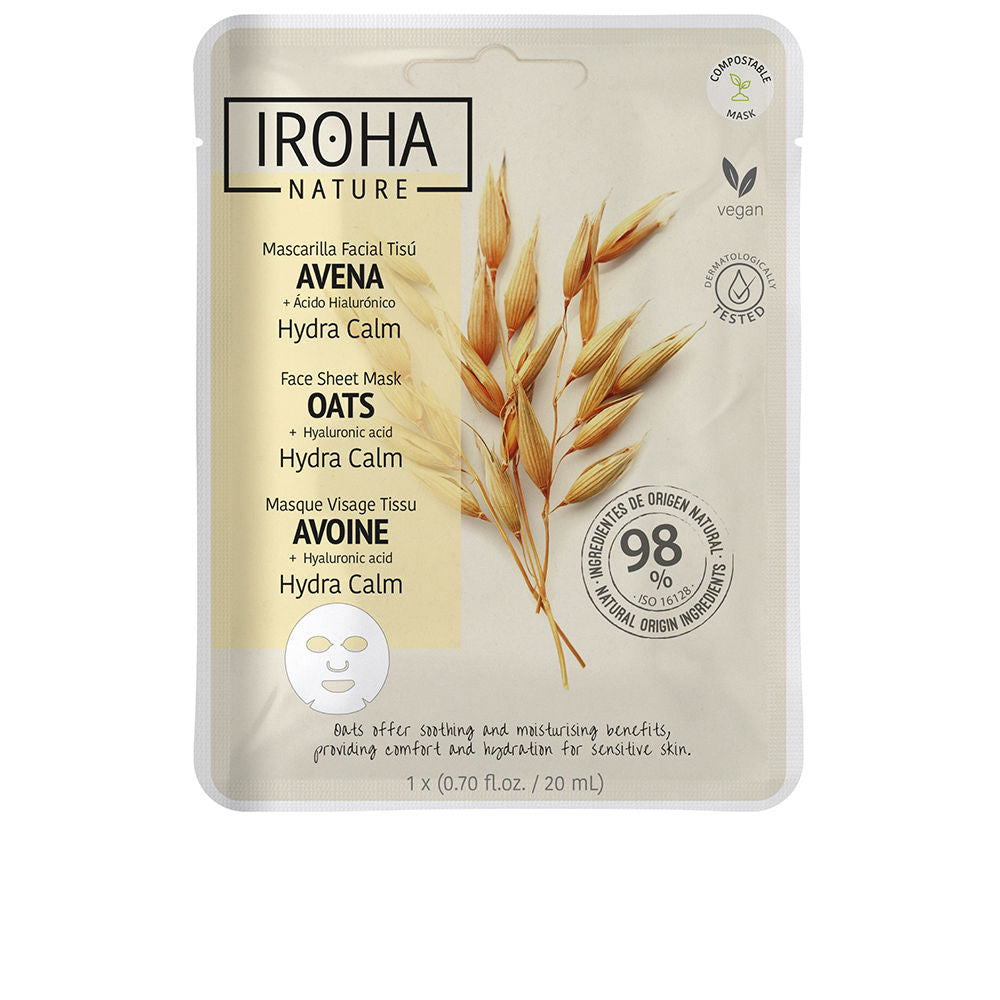 Iroha Beige face sheet mask packet with oat illustration, multilingual text, vegan and dermatologically tested logos