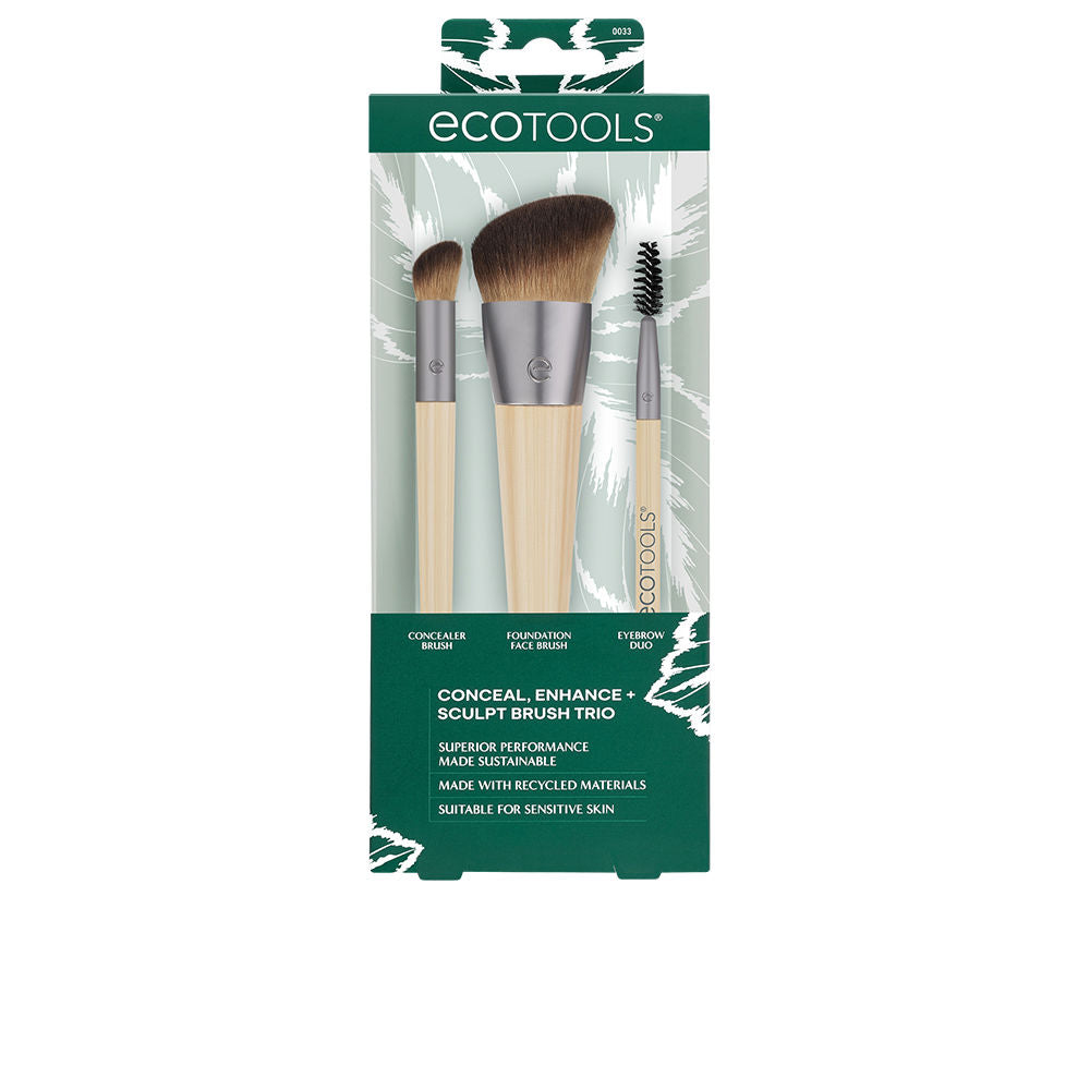 Three-piece EcoTools brush set with bamboo handles and recycled aluminum ferrules