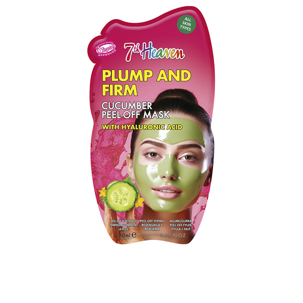 7th Heaven Green and pink peel-off face mask jar with cucumber image, applied mask illustration, benefit text, vegan logo