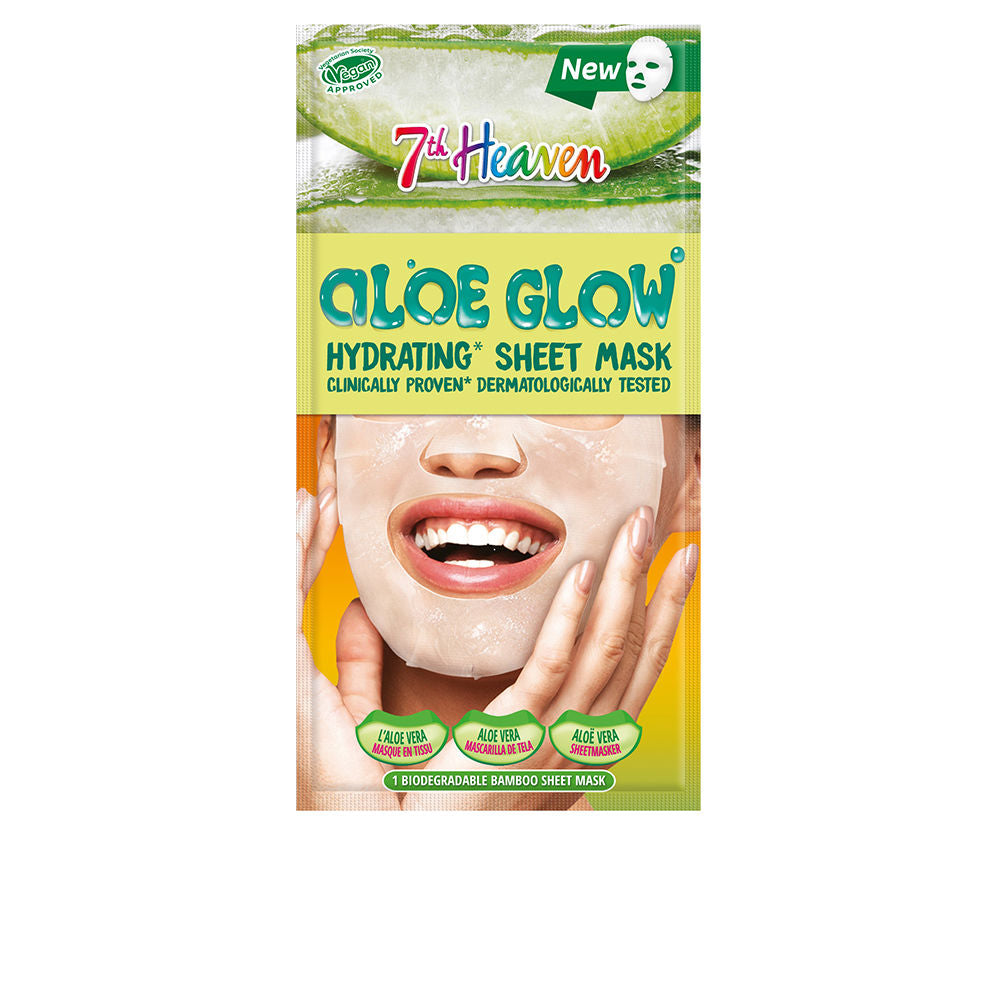 7th Heaven Green, yellow, white packaging showing bamboo sheet mask with aloe image, cucumber slices, vegan logo