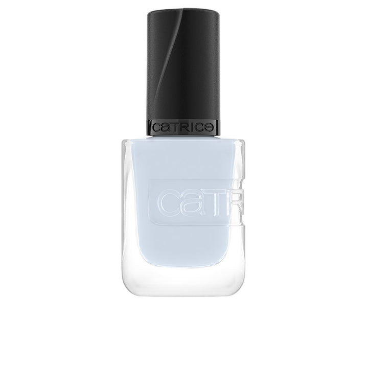 Glossy blue gel-effect nail polish bottle, 10.5 ml, rounded brush
