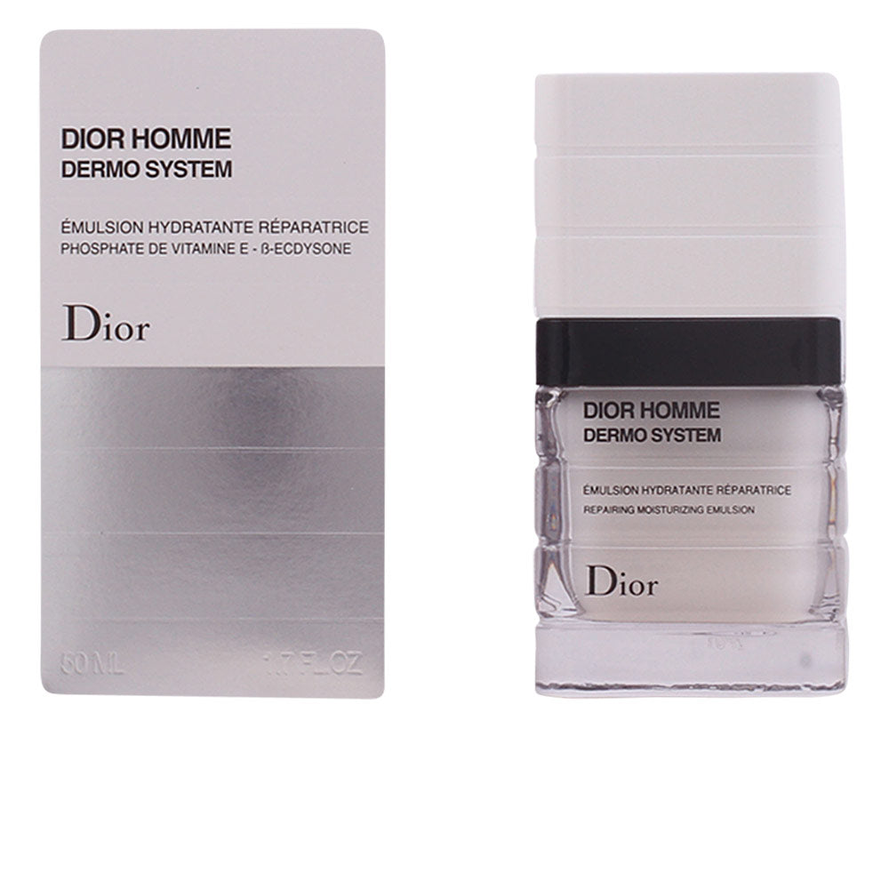 Dior Minimalist rectangular moisturizing emulsion bottle with clear lower section, white cap, black band
