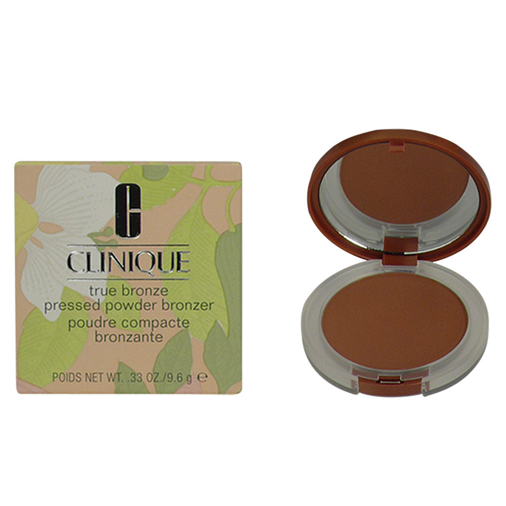 Clinique pressed powder bronzer in brown, beige, and green compact with floral box and mirror