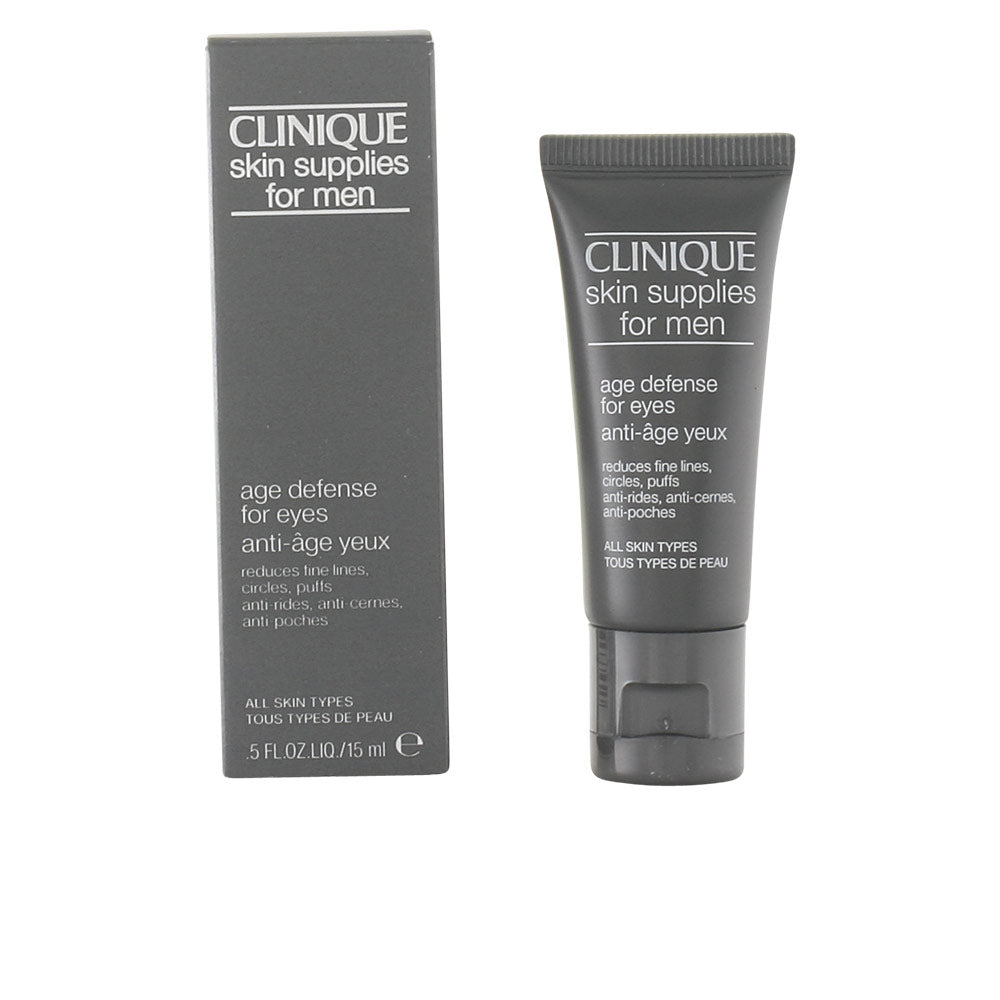 Clinique dark gray eye treatment tube with matching box, minimalist printed text, plastic tube and cardboard box.
