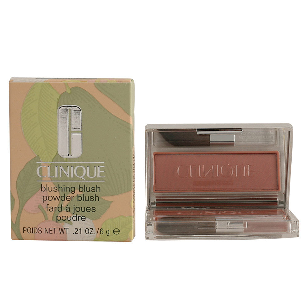 Clinique Beige and light brown powder blush in silver rectangular compact with small brush, minimalist plastic design