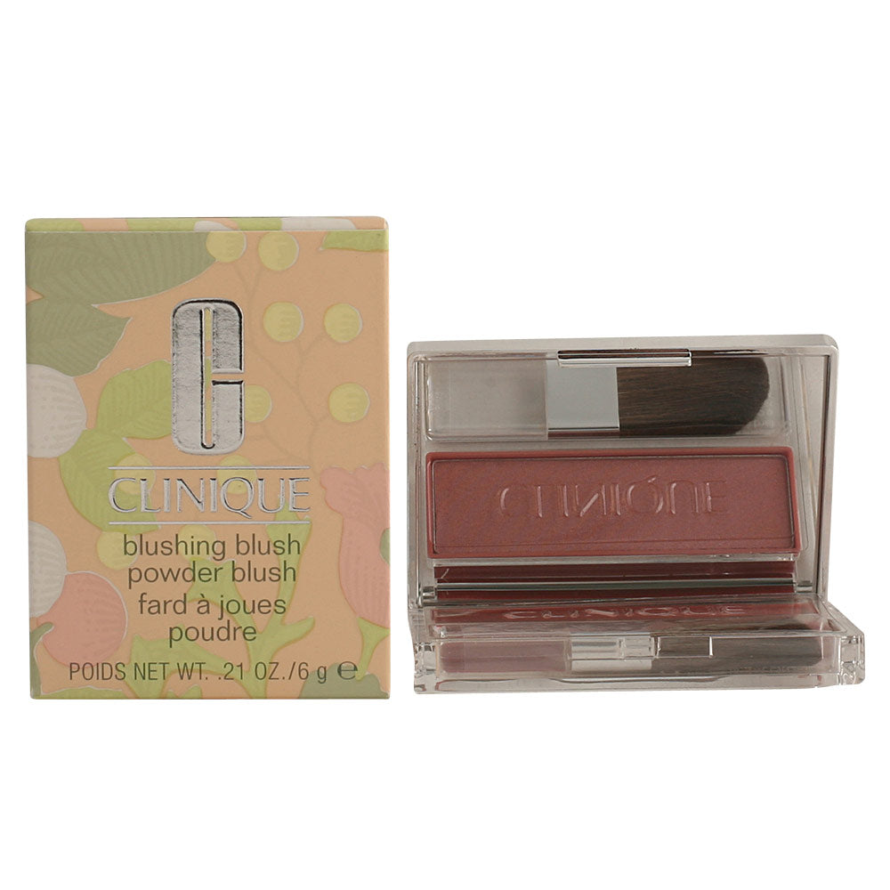 Clinique Beige and light brown powder blush in silver rectangular compact with small brush, minimalist plastic design