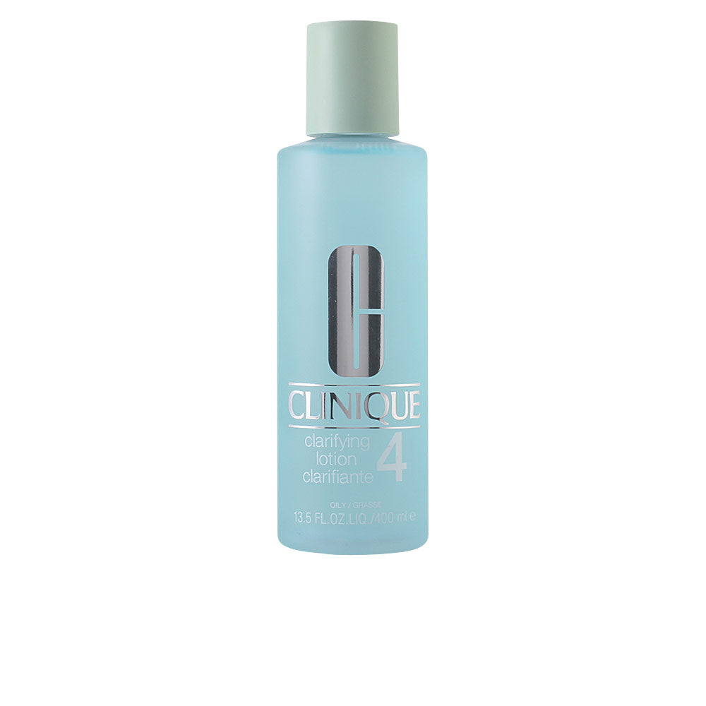 Clinique Minimalist transparent plastic lotion bottle, light blue and green hues, silver logo and text