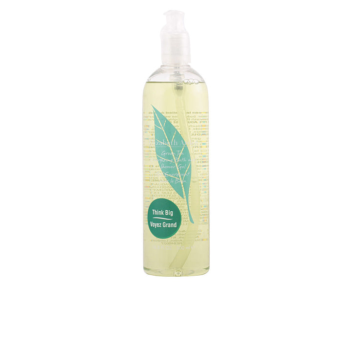 Elizabeth Arden Light yellow shower gel in transparent plastic bottle with pump, green leaf graphic and label