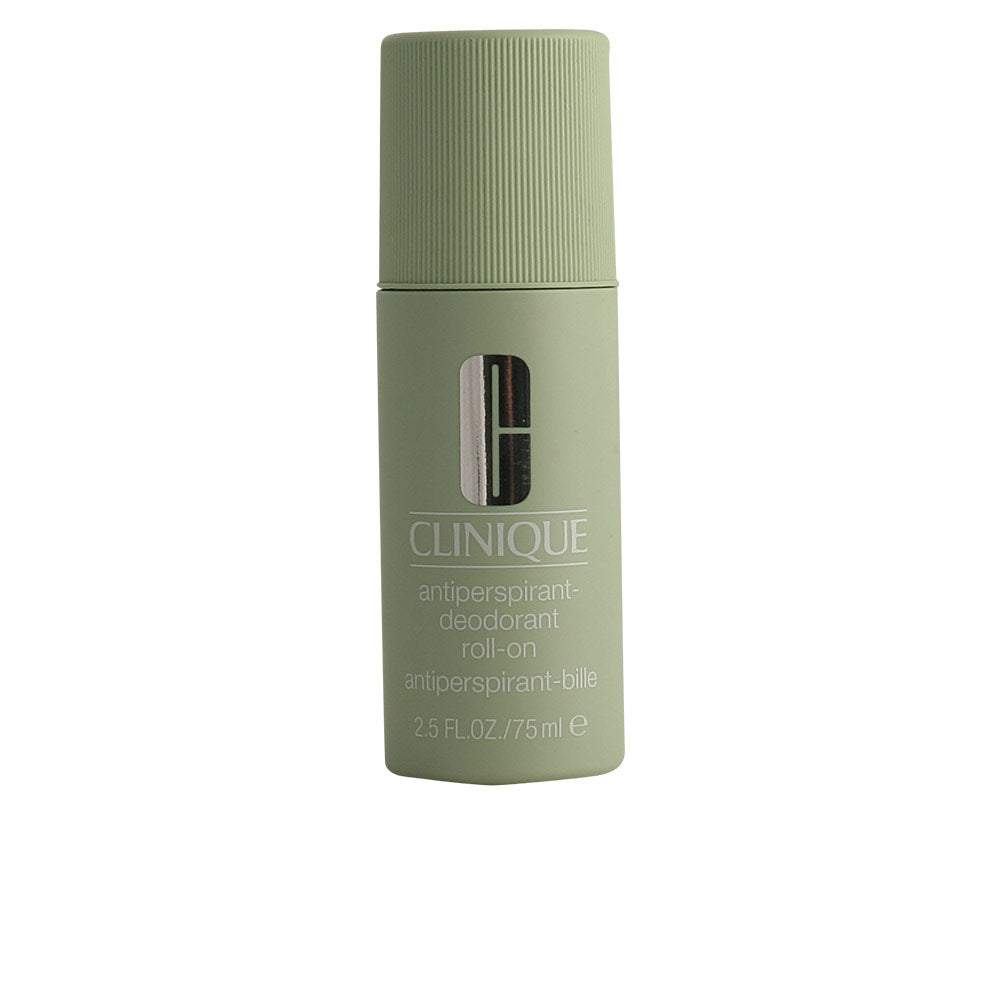 Clinique fragrance-free roll-on antiperspirant-deodorant bottle on neutral background