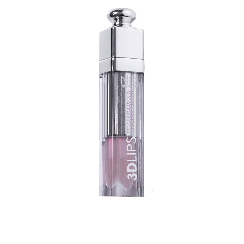 Moi pink lip gloss in transparent plastic tube with silver metallic cap and visible applicator