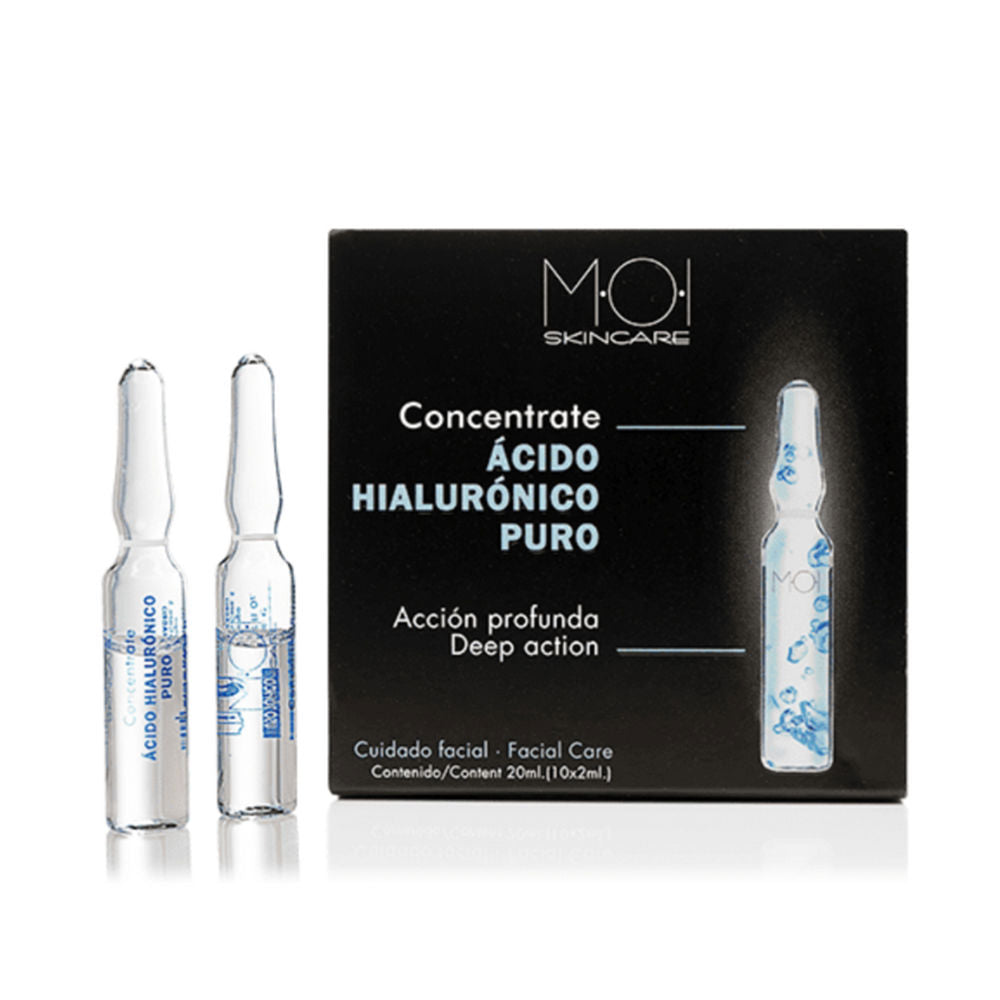 Moi Minimalist glass ampoules in black, blue, and white box; transparent serum vials on cardboard tray