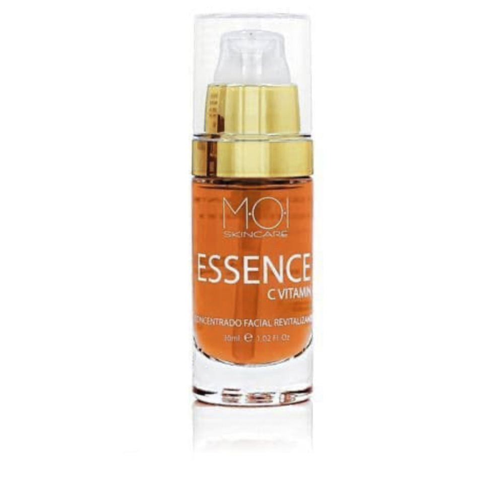 Moi glass cylindrical facial serum bottle with orange-gold liquid, gold collar, pump and clear cap