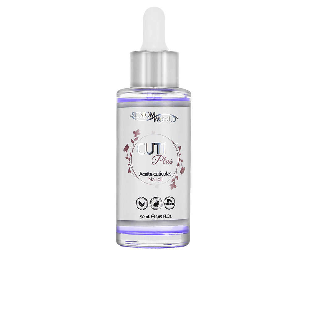 Sesiom World Clear purple-tinted cuticle oil in a transparent glass bottle with metallic silver dropper cap, floral label, measurement markings, minimalist styling, .