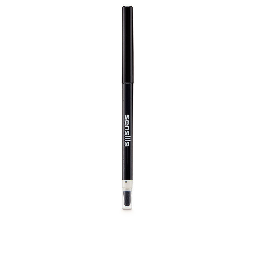 Sensilis black cosmetic pencil with plastic cap and clear-covered brush tip, slim precise lip liner.