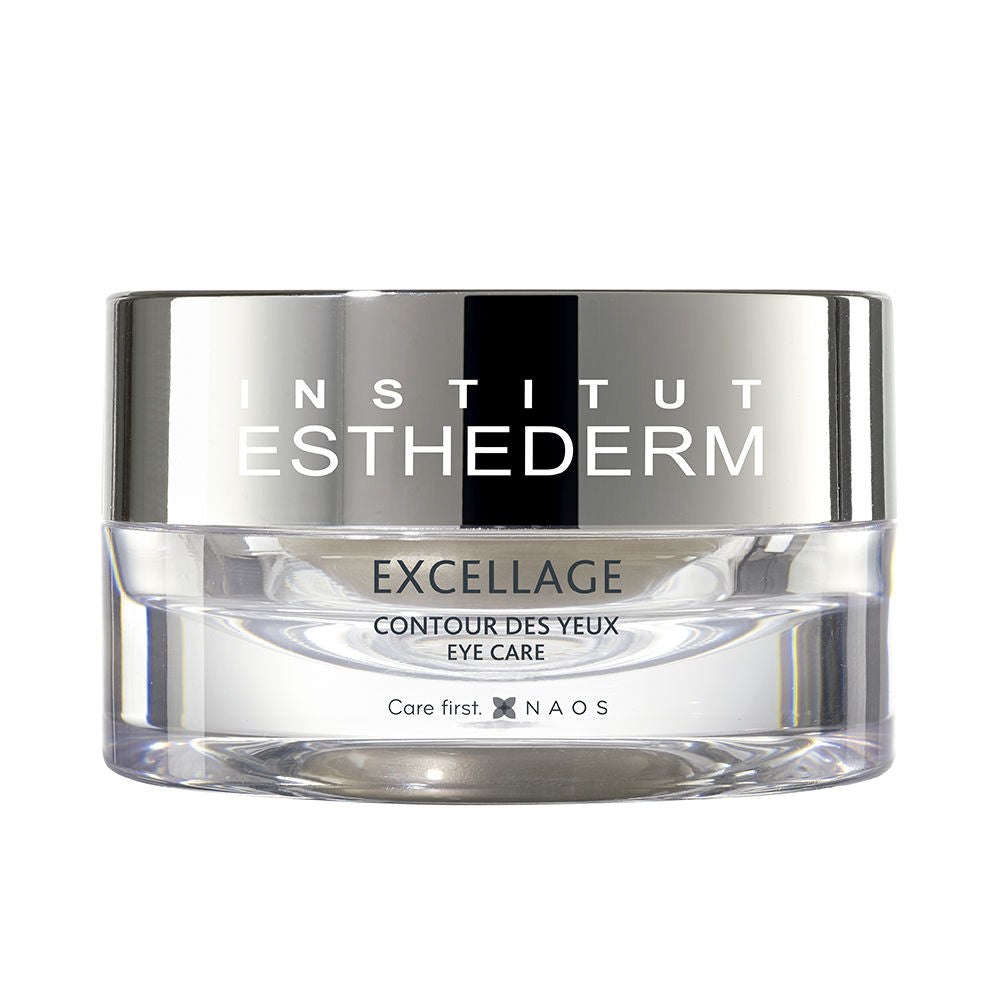 Institut Esthederm Silver and clear jar with metallic screw-on lid holding eye care cream in modern, minimalistic design