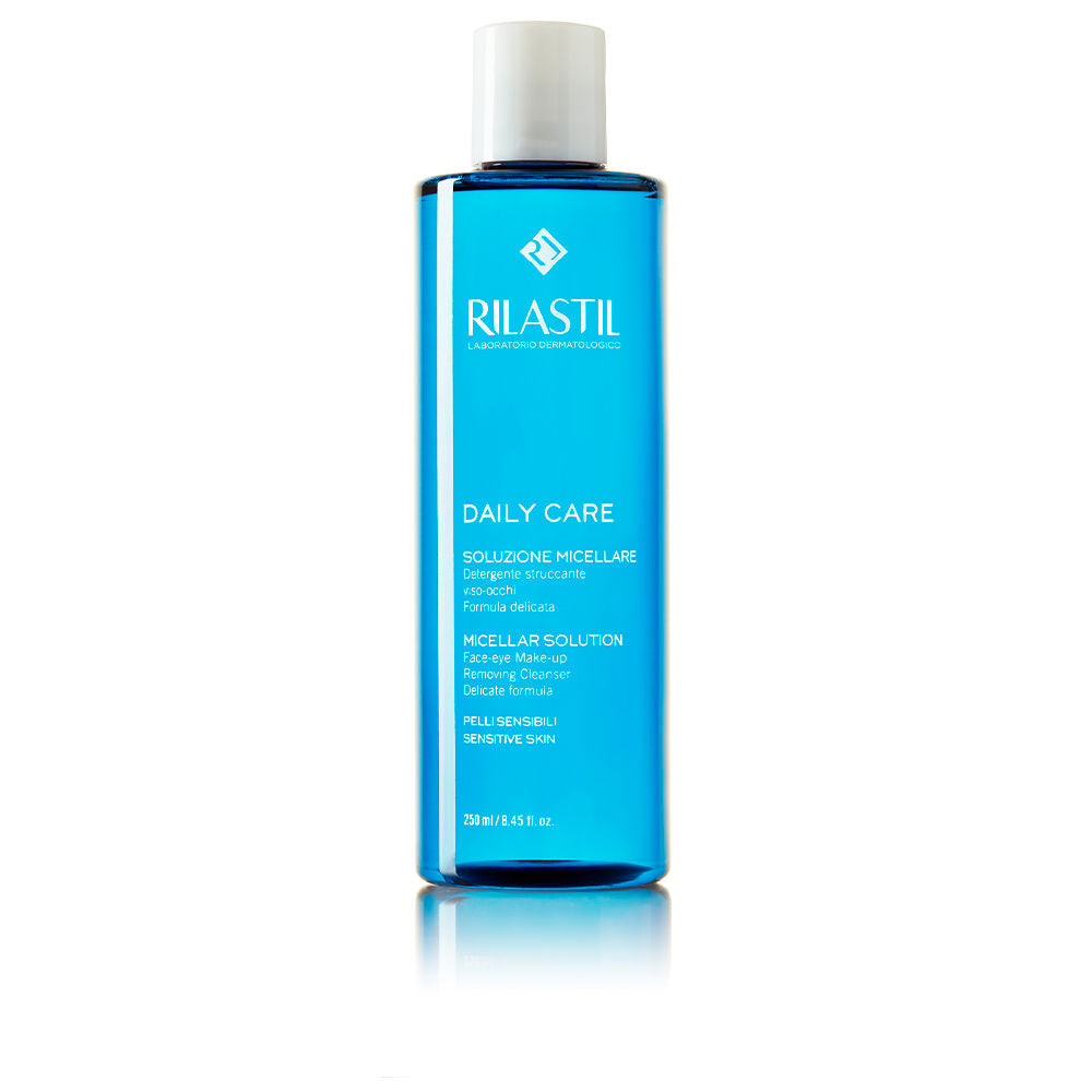 Rilastil Transparent blue micellar solution in cylindrical plastic bottle with white screw cap and printed label